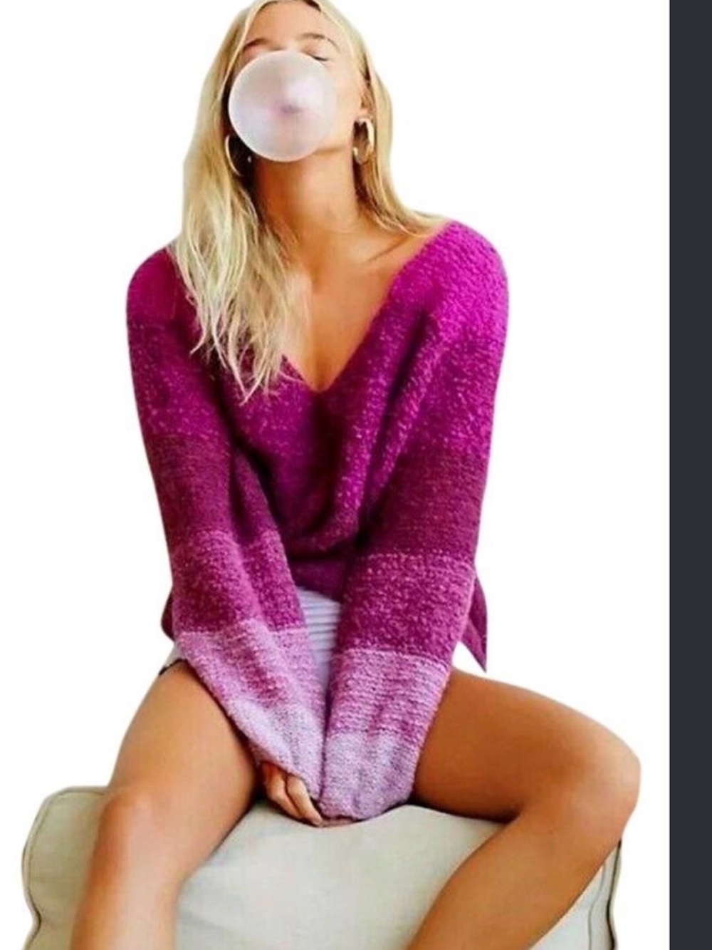 Free People Wool Alpaca Blend Chunky Knit Purple V Neck Sweater , XS/S
